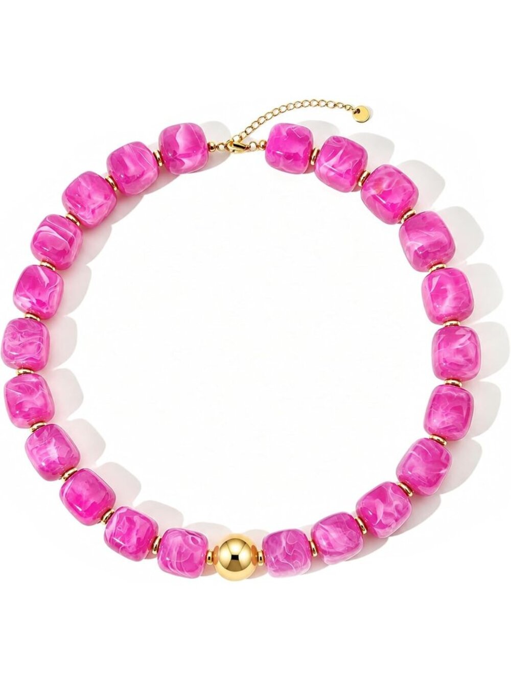 Women's Pink Chunky Beaded Necklace Gold Plated Marbled Resin Choker Jewelry